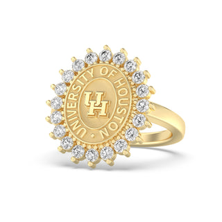 University of Houston UH graduation Class ring in oval with diamonds around seal yellow gold 