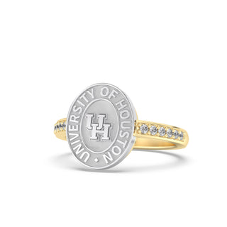 Yellow Gold graduation class ring with 'University of Houston' and UH on white gold seal  on a white background