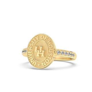 Yellow Gold graduation class ring with 'University of Houston' and UH on yellow gold seal  on a white background