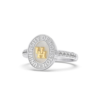 White Gold graduation class ring with 'University of Houston' and UH on white gold seal on a white background