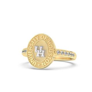 Gold graduation class ring with 'University of Houston' and UH on yellow gold seal  on a white background