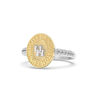 White Gold graduation class ring with 'University of Houston' and white gold UH on yellow gold seal  on a white background