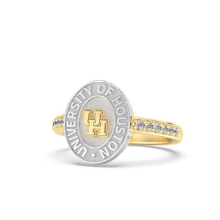 Yellow Gold graduation class ring with 'University of Houston' and yellow gold UH on white gold seal on a white background
