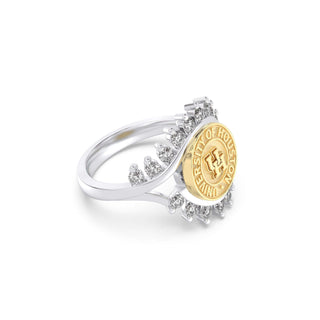 Silver UNIVERSITY OF HOUSTON ring with gemstones featuring the University of Houston logo on a white background