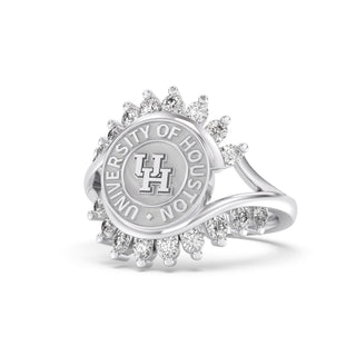 Silver UNIVERSITY OF HOUSTON ring with gemstones featuring the University of Houston logo on a white background