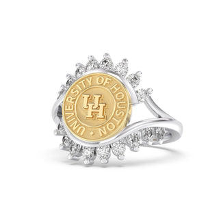 Silver UNIVERSITY OF HOUSTON ring with gemstones featuring the University of Houston logo on a white background