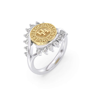 Silver UNIVERSITY OF HOUSTON ring with gemstones featuring the University of Houston logo on a white background