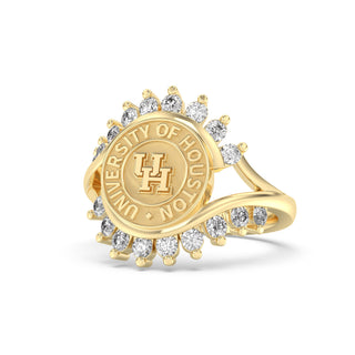 Yellow Gold UNIVERSITY OF HOUSTON ring with gemstones featuring the University of Houston logo on a white background