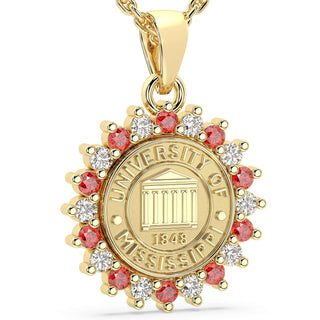 Gold pendant with red and clear gemstones and 'University of Mississippi' emblem on a white background | 245 Prestige Ole Miss Necklace | University Of Mississippi