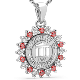 Silver pendant with red gemstones and 'University of Mississippi' emblem on a white background | 245 Prestige Ole Miss Necklace | University Of Mississippi