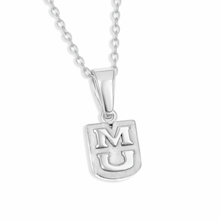 Silver necklace with pendant featuring university of mmissouri 'MU' initials on a white background