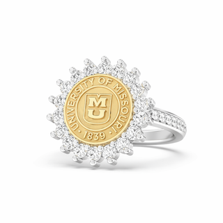 silver graduation class ring with 'University of Missouri' emblem in yellow gold and diamond accents on a white background