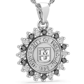 245 Prestige MIzzou Necklace | University of MissouriSilver pendant with 'University of Missouri' emblem and gemstones on a white background