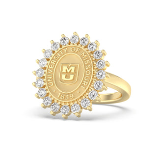 Customizable University of Missouri Class Ring | Gold ring with 'University of Missouri' emblem and diamonds on a white background