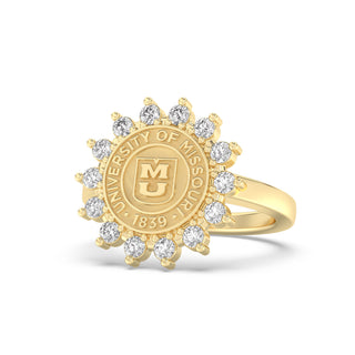 193 Cherish Mizzou Class Ring | Gold ring with diamond accents featuring the University of Missouri logo on a white background