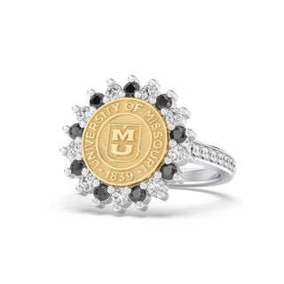 White Gold or silver class ring with 'University of Missouri' emblem in yellow gold and white and black stones on a white background