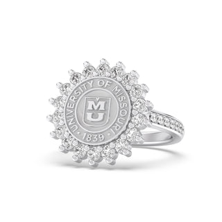 Silver class ring with 'University of Missouri' emblem on a white background