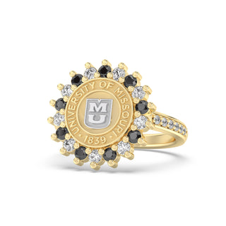 Gold ring with white & black stones featuring the University of Missouri logo on a white background
