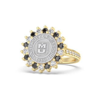 Yellow Gold ring with white & black stones featuring the University of Missouri logo in silver on a white background