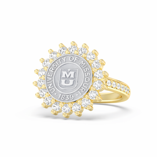 Gold ring with 'University of Missouri' in white gold with diamonds on a white background