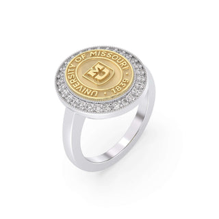 234 Pursuit Mizzou Class Ring | Silver ring with gold University of Missouri emblem on a white background