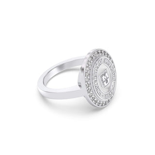234 Pursuit Mizzou Class Ring | Silver ring with a circular emblem on a white background