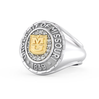 Men's Mizzou Class Ring | Silver ring with gold emblem and 'University of Missouri 1839' text on a white background with diamonds