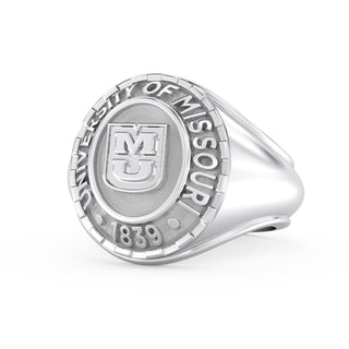 Men's Mizzou Class Ring | Silver ring with 'University of Missouri' emblem on a white background