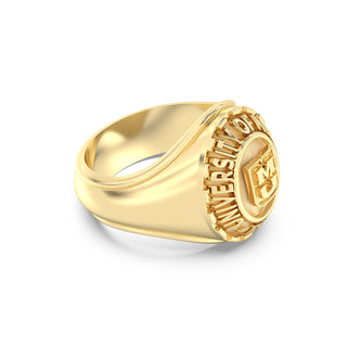 Mizzou graduation class Gold ring with engraved design on a white background