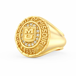 Men's Mizzou Class Ring | Gold University of Missouri graudation class ring with diamonds on a white background