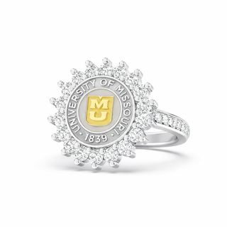 Silver ring with yellow gold MU with University of Missouri logo and diamond background on a white background