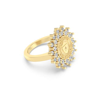 Yellow Gold university of texas health science center san antonio class ring with diamond accents on a white background