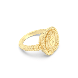 Gold class ring with a circular UT Health San Antonio seal on a white background