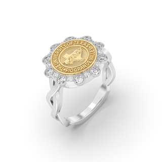 UTRGV Class Ring | San Jose Jewelers Custom College Rings | 313 Blossom Ring In White Gold With Diamonds | University Of Texas Rio Grande Valley UTRGV Seal In Yellow Gold