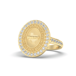 UTRGV Class Ring | San Jose Jewelers Custom College Rings | 249 Eternity Yellow Ring With Diamonds | University Of Texas Rio Grande Valley UTRGV Yellow Gold Seal 