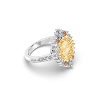 UTRGV Class Ring | San Jose Jewelers Custom College Rings | 311 Honor Ring In White Gold with White Diamonds and Orange Stones Next To The Baguettes
