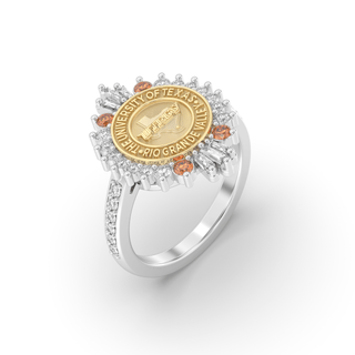 UTRGV Class Ring | San Jose Jewelers Custom College Rings | 311 Honor Ring In White Gold with White Diamonds and Orange Stones Next To The Baguettes