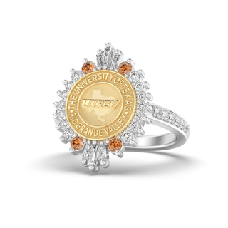 UTRGV Class Ring | San Jose Jewelers Custom College Rings | 311 Honor Ring In White Gold with White Diamonds and Orange Stones Next To The Baguettes