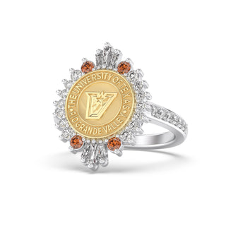 UTRGV Class Ring | San Jose Jewelers Custom College Rings | 311 Honor Ring In White Gold with White Diamonds and Orange Stones Next To The Baguettes