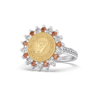 UTRGV Class Ring | San Jose Jewelers Custom College Rings | 245 Prestige Ring In Platinum Silver With Diamonds | University Of Texas Rio Grande Valley Vaquero Seal In Gold