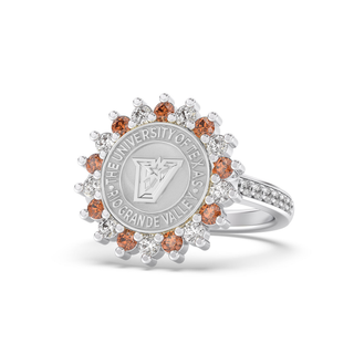 UTRGV Class Ring | San Jose Jewelers Custom College Rings | 245 Prestige Ring In Platinum Silver With Diamonds | University Of Texas Rio Grande Valley Vaquero Seal In Silver