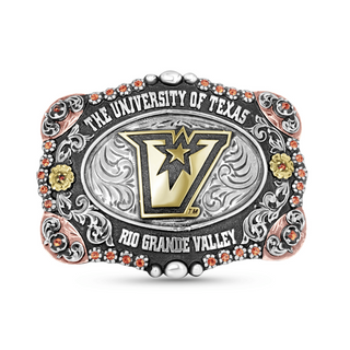 Belt buckle with 'The University of Texas Rio Grande Valley' logo on a white background