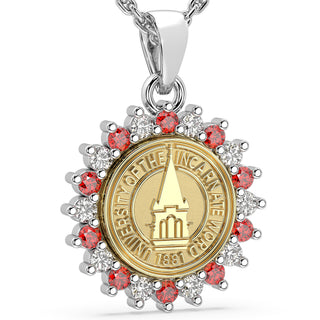 245 Prestige UIW Necklace | University Of the Incarnate Word with halo of stones around the seal.