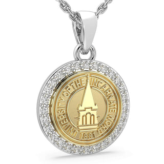 249 Eternity UIW Necklace | University Of the Incarnate Word with gold and silver design and gemstone halo.