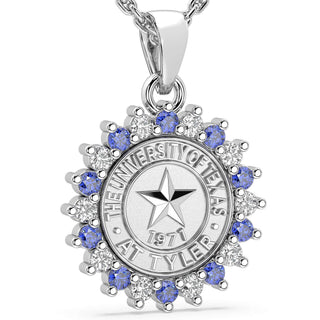 245 Prestige UT Tyler Necklace | University Of Texas at Tyler with halo of blue and clear stones.