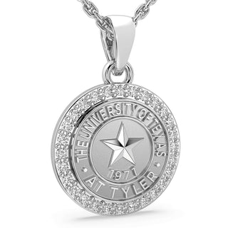 249 Eternity UT Tyler Necklace | University Of Texas at Tyler with a halo of stones surrounding the university seal.