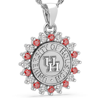 University of Houston Necklace | Custom UH Pendant | Silver pendant with 'University of Houston' emblem and red gemstones on a white background