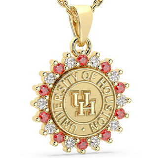University of Houston Necklace | Custom UH Pendant | Gold pendant with red and clear gemstones and 'University of Houston' emblem on a white background