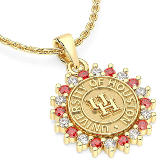 University of Houston Necklace | Custom UH Pendant | Gold pendant with 'University of Houston' logo and red and white stones on a white background
