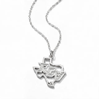 A silver necklace featuring a pendant shaped like the state of Texas, with the letters 'RGV' and a star inlaid on the front, suspended from a delicate silver chain against a white background.